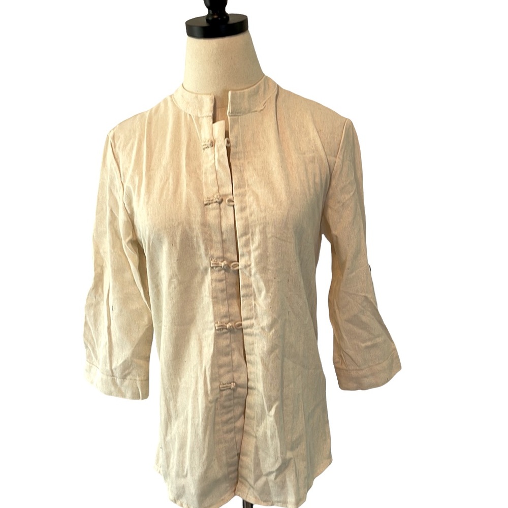 Tan Linen/Canvas Shirt with Mandarin Collar